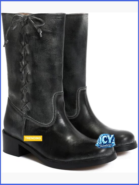 Shoes - Womens Mid Calf Boots Chunky Block Heel Round Toe Pull On Campus Casual Boots